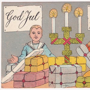 Buon Natale - Bella cartolina d'epoca Svezia anni '10 - Pacchetti regalo per bambini, ragazzi e ragazze - candelabro - Artista scandinavo non firmato