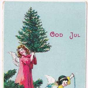 Joyeux Noël sainte scène - belle carte postale vintage de voeux Suède des années 1915 - guirlande d'arbre ange fille - robe tendance - carte de scène sainte éphémère
