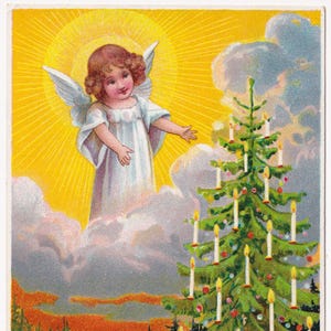 Buon Natale scena sacra - Bella cartolina d'auguri vintage Svezia anni '05 - Ragazza angelo albero candela - abito alla moda - scena sacra cartolina effimera