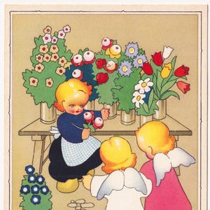 Félicitations 1940 - Belle carte postale ancienne de voeux suédois - Enfants et saint ange - Commerce de bouquets de fleuristes du marché aux fleurs - Enfantina vintage