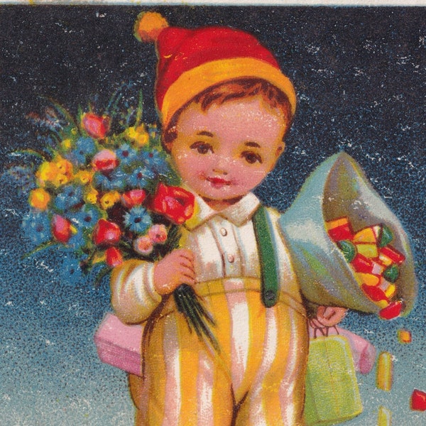 Congratulations 1936 - Lovely Small old swedish greeting postcard - Little boy with gift flower bouquet package child - vintage fashion