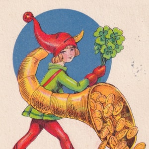 Margit Broberg - Auguri di felice anno nuovo 1930 - bella piccola cartolina di auguri svedese - Ragazza cornucopia gigante Art Deco vintage scandinavo