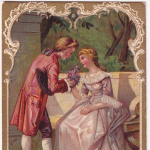 Joyeuses Pâques - Scène d'amour homme et femme - Belle carte postale ancienne Suède des années 1905 - Amoureux romantique mode élégante robe vintage forêt - Art nouveau