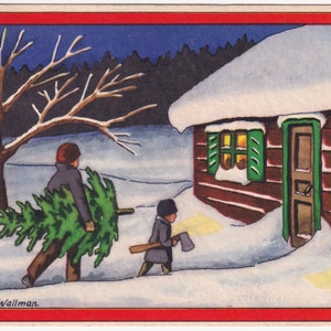 R. Wallman - Auguri di Natale e Capodanno - Bellissimo saluto vintage vecchia cartolina Svezia 1936 - Famiglia di neve che taglia alberi invernali - scandinavo