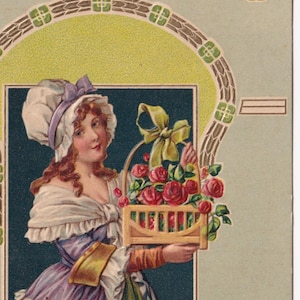 Buona Pasqua anni '10 - Rara cartolina svedese in rilievo - Elegante donna regalo di fiori di rosa - Art Deco Nouveau - Moda effimera di biglietti di auguri