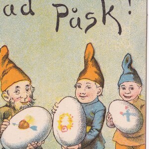 Buona Pasqua - Bella cartolina d'auguri antica svedese del 1906 - Gnomo folletto uovo dipinto artista pittore - cartolina postale vintage effimera Tomte