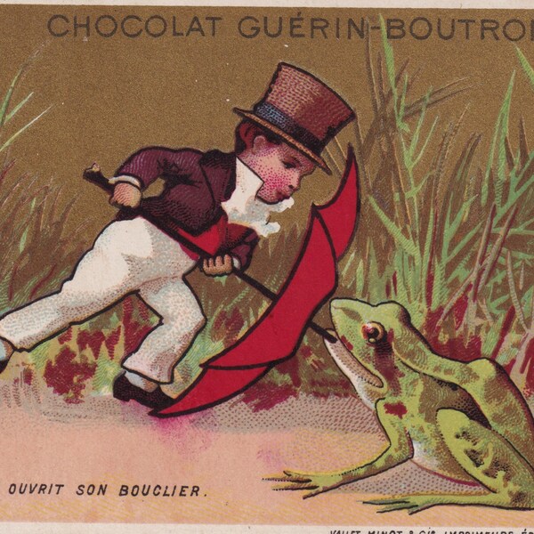 Garçon grenouille & parapluie - français carte de commerce victorienne 1895 Minot - enfant crapaud bouclier haut-de-forme mode - éphémère vintage Guérin Boutron