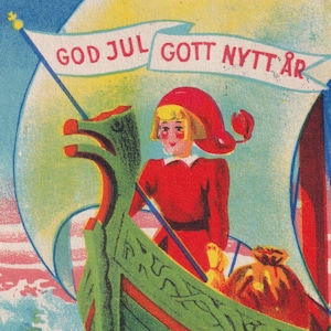 Herbert -Happy New Year & Merry Christmas 1942 -Vecchia piccola cartolina di auguri svedese - barca a vela ragazza Leprechaun - vintage scandinavo