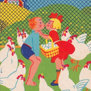 Persson - Glad Påsk / Happy Easter 1930s - Bella vecchia piccola cartolina svedese art deco - Campagna di campagna per gli amanti del bacio del pollaio - vintage