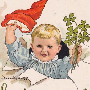Deseos de feliz año nuevo - Preciosa postal vintage Suecia - Jenny Nyström 1910s - pequeño duende bebé niña trébol regalo - moda