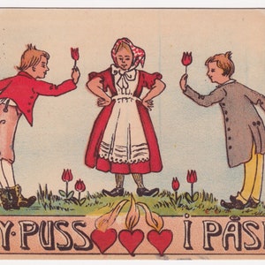 Regalo del fiore del tulipano degli amanti - Buona Pasqua / Påsk 1906 - vecchia cartolina di auguri svedese Illustrator - Love Sweden woman - vintage scandinavo