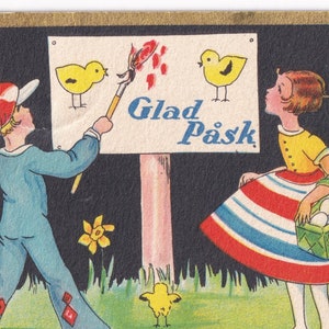 ハッピーイースター 1941 素敵な古い小さなスウェーデンのグリーティングカード 絵画 ドレス 女の子 卵バスケット ヴィンテージ スカンジナビア グラフィズム ファッション Glad Påsk