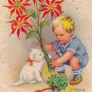 Jenny Nyström - Auguri di Natale e Capodanno 1931 - piccola cartolina di auguri svedese - Bambino Poinsettia fiore gatto regalo Rosa - moda vintage