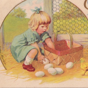 Jenny Nyström - Påsk / Buona Pasqua 1925 - vecchia piccola cartolina svedese - pollaio pulcino bambina - uovo vintage scandinavo