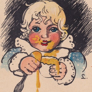 ハッピーイースター - 1920 年代の素敵な小さなスウェーデンのグリーティングポストカード - ゆで卵を食べる女の子 - アーティストのサイン入り L. アールデコ ファッション ヴィンテージ