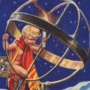 Souhaits de bonne année 1939 - Rare vintage suédois vœux ancienne carte postale - Curt Nyström - astrolabe Astronomie science boy space- scandinave