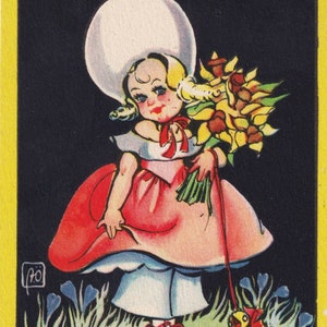 Buona Pasqua 1934 - Bella piccola cartolina di auguri svedese - vestito ragazza moda gallina pulcino narciso vintage scandinavo ephemera - Glad Påsk