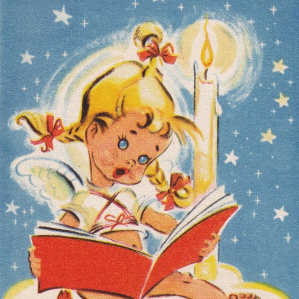 Merry christmas / God Jul 1930/40 small old swedish greeting postcard vintage - Little angel girl reading a book on cloud & candle pigtails