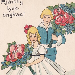 Félicitations - Schonberg, illustrateur de cartes postales suédoises vintage des années 1930 - homme élégant et femme de mode en robe blanche - bouquet de roses éphémères