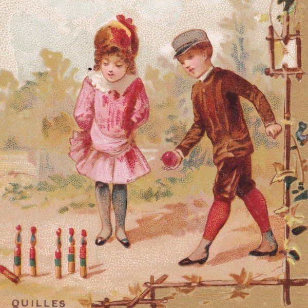 Letter Q alphabet - French Victorian trade card authentic 1900 Pacon Paris - Skittles bowling game girl ephemera edwardian dress Vintage ABC