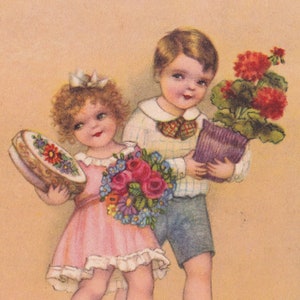 Bloemen cadeau - Mooie Vintage oude ansichtkaart uit Frankrijk 1933 - Klein meisje kinderen Enfantina Rose Tuinbouw - Mode jurk bloem