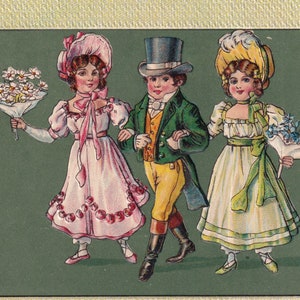 Félicitations 1910/15 - Jolie carte postale ancienne de voeux suédoise en relief - Robe élégante pour enfants fleurs fille - cadeau vintage scandinave