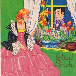 Gunila S - Happy Easter 1940 - Bella piccola cartolina svedese vintage - Elegant Lovers love scene woman dress flowers spring - scandinavo