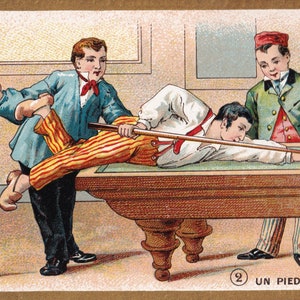 Billard / technique à un pied vers le bas - carte de commerce victorienne authentique 1890 Jeu de billard - mode éphémère vintage Belle Epoque