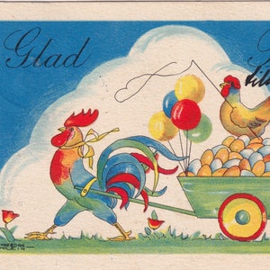 Ingeborg Klein - Påsk / Happy Easter 1935 - Bella vecchia cartolina di auguri svedese - Carrozza di uova Gallo intoppo - Art vintage fashion