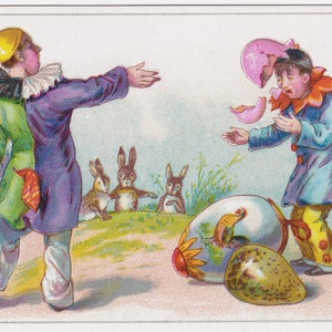 Kinder / Pierrot / Bemaltes Osterei - Viktorianische Handelskarte authentisch aus den 1895/1900s - Kaninchen-gebrochenes Ei - Ephemera Vintage chromo