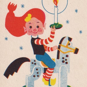 Sven Caas - God Jul / Buon Natale 1940/50 - piccola cartolina dalla Svezia - Bambino cavallo su ruote Ponycycle toy - Moda scandinava
