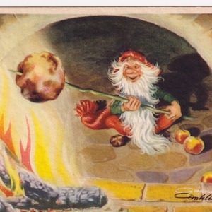 Gunnar Dahlin - God Jul / Merry Christmas 1940s - piccolo saluto svedese vecchia cartolina - Leprechaun polpetta di carne spiedo camino gnomo nano
