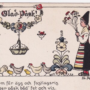 Signe Aspelin - Joyeuses Pâques 1910 - Belle carte postale suédoise - Amoureux Femme robe scandinave oeuf poule fleurs - vintage