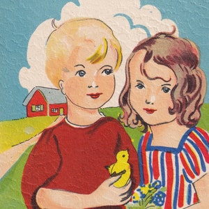TOP -Glad Påsk / Joyeuses Pâques années 1930/40 - vieille petite carte postale suédoise inutilisée art déco -Petite fille poussin ferme campagne - mode vintage