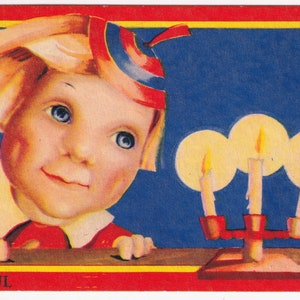 L'artista ha firmato ML - Buon Natale 1938 - piccola vecchia cartolina vintage svedese - Candeliere con ritratto di bambino - Art Deco neve invernale scandinavo
