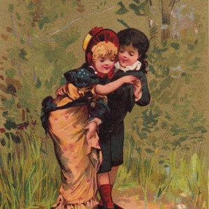 Primeiros passos - Lindo cartão comercial vitoriano anúncio de 1890 Au Bon Marché Paris Testu & Massin - Amantes meninas crianças vestem amor - coisas efêmeras