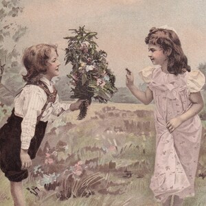 Gelukkig Nieuwjaar groeten - Zeer mooie vintage ansichtkaart 1905 lithografie - Kinderen Meisje jurk boho cadeau liefde jongen bloemen - mode