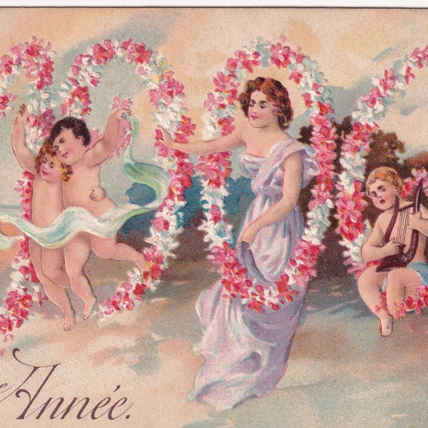 Happy New Year Whishes 1906 - Schöne antike französische Grußkarte - Akt Junge & Mädchen Frau Engel - Danse Meer Strand Szene Karte
