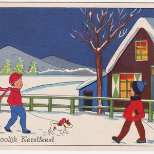 Joyeux Noël / Scène d’hiver enfantine - Belle carte postale vintage 1935/40 Pays-Bas - filles enfants chien luge des neiges -mode blanc