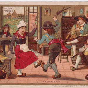La Bourrée - Danza - Pretty chromo 1890 Au Bon Marché Paris Litografia Minot - scena taverna cornamusa abito - Musica effimera vittoriana