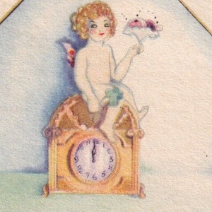 Feliz año nuevo desea 1929 - Gerda Rylander -Magnífica postal vintage sueca pequeña -Reloj infantil ángel - Flores Art Déco - Gott Nytt År