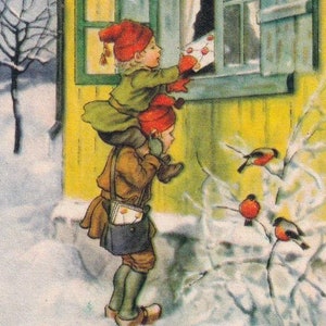 Felices deseos de Año Nuevo 1938 - Preciosa postal vintage sueca de Jenny Nyström - Invierno niños moda escandinava correo nieve ventana