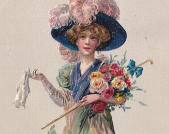 Congratulations 1910 - Lovely embossed swedish greeting old postcard -Elegant woman hat & Rose flowers Belle Epoque scandinavian vintage