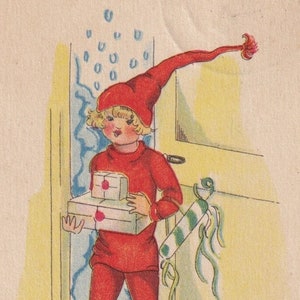 Margit Broberg - Buon Natale 1930 piccola cartolina dalla Svezia - Scandinavian elf hat girl gifts - vintage neve inverno