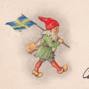 Jenny Nyström unsigniert / Frohes Neues Jahr wünscht - Schöne, kleine Vintage Karte / PC Schweden 1930 - Kobold Zwerg Zwerg Schweden Flagge