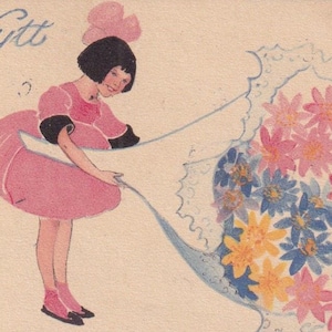 Tamanho do bebê / Aina Stenberg - Feliz Ano Novo 1919 - antigo cartão postal sueco vintage - Menina e buquê de flores gigante Art Déco - moda de vestido