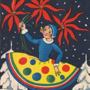 Margit Ekstam - Auguri di Natale e Capodanno anni '30 - Bella piccola cartolina d'epoca vintage - Regalo per ragazza Fiori di Poinsettia - Moda pattinaggio sul ghiaccio