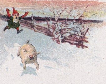 Jenny Nyström Unsigned/ Merry Christmas -Lovely Small Vintage postcard Sweden 1915s -Leprechaun dwarf gnome gift winter snow - Tomte & pig