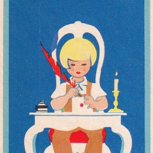 Einar Nerman - Auguri di Natale e Capodanno 1935 - Bella piccola cartolina vintage svedese - Pacchetto regalo bambino alla scrivania penna piuma - Art Deco