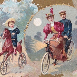 Condição rara! Transporte - Lindo cartão de visita vitoriano francês 1895 chocolate Ibled Paris - Bicicleta Triciclo de balão de ar quente - Cromo vintage
